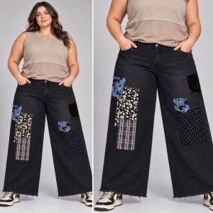 Jeans Wide Leg Con Lunares Y Flores